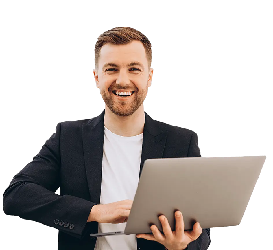 Employees at the laptop, smiling